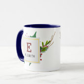 Mug Noël Vert Élégant Rouge Monogramme Bleu (Devant gauche)