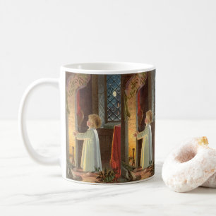 Mug Noël vintage, enfant se réchauffant près de la che