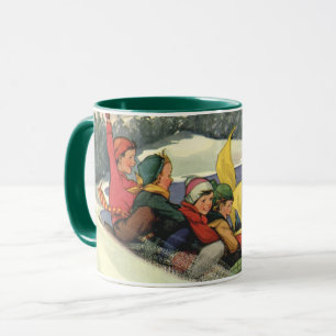 Mug Noël vintage, enfants faisant de la luge sur une m