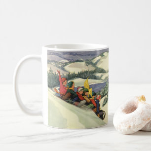 Mug Noël vintage, enfants faisant de la luge sur une m