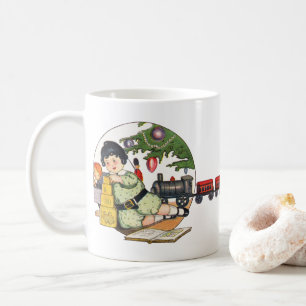 Mug Noël vintage, garçon heureux jouant avec des jouet