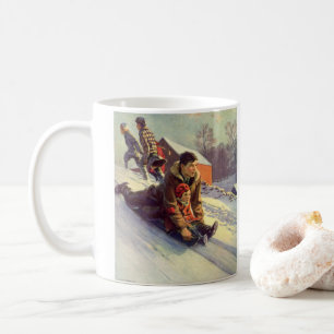 Mug Noël vintage, père et fille faisant de la luge