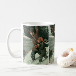 Mug Noël vintage, père et fils abattent un arbre