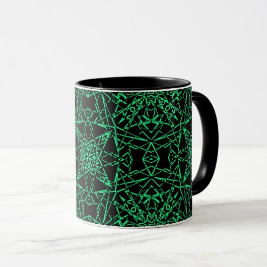 Mug Noir abstrait araignée lignes nettes néon vert (Devant droit)