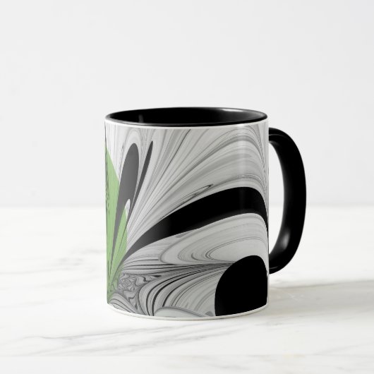 Mug Noir Abstrait et blanc avec art fractal vert (Devant droit)