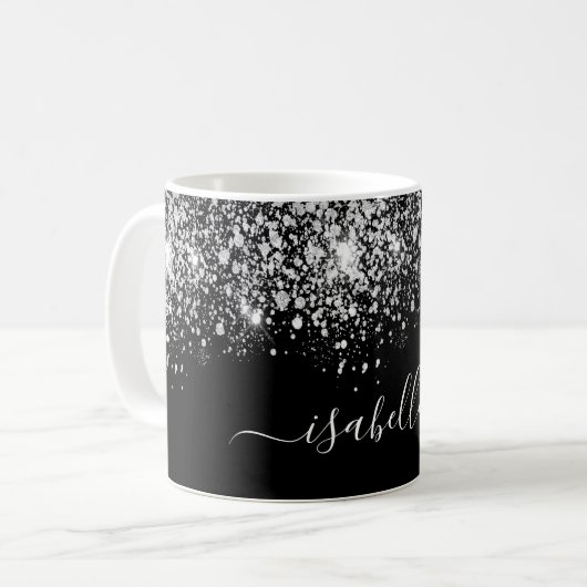 Mug Noir argent nom parties scintillant script glam (Devant gauche)