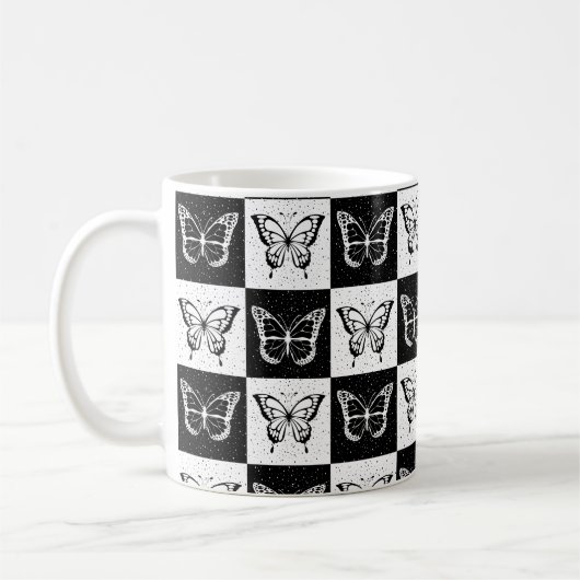 Mug Noir blanc À damiers conception papillon (Gauche)