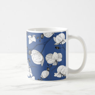 Mug Noir & blanc élégant orchidée floral moderne bleu