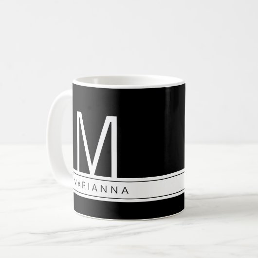 Mug Noir Blanc Moderne Monogramme Simple Nom initial (Devant gauche)