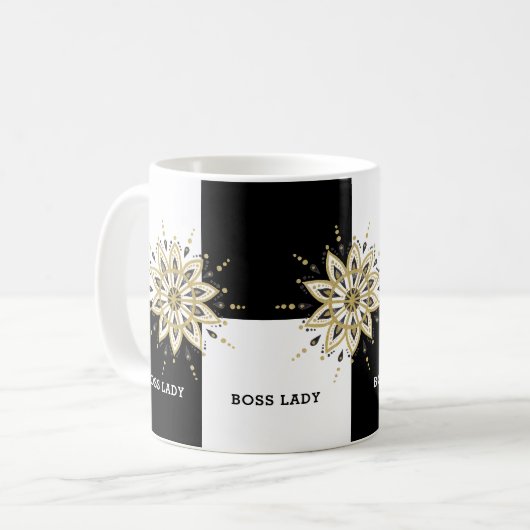 Mug Noir Blanc & Or Mandala Boss Lady Design (Devant gauche)