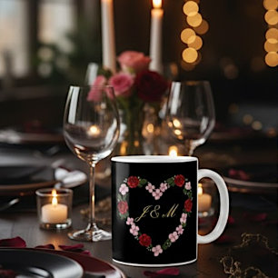 Mug noir couronne de fleurs roses et rouges