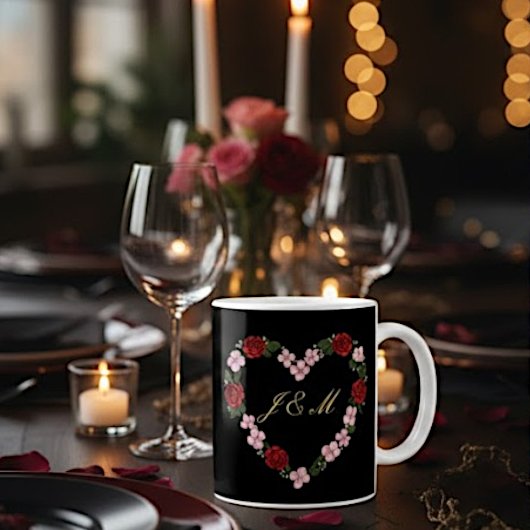 Mug noir couronne de fleurs roses et rouges