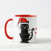 Mug Noir drôle Chat Noël Lumière Père Noël Rouge (Gauche)