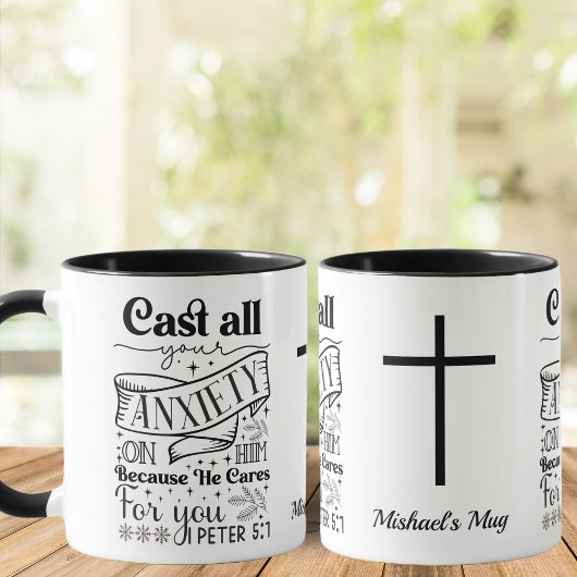 Mug noir et blanc, 1 Pierre 5:7, chrétien