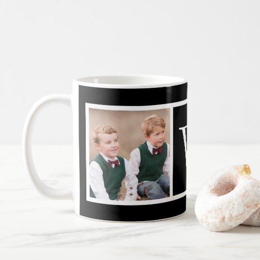 Mug Noir et blanc 2 Photo Collage Famille Monogramme (Avec donut)