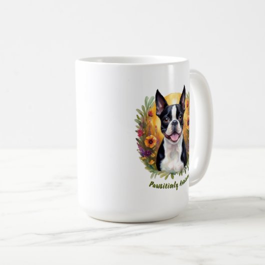 Mug Noir et blanc Boston Terrier dans un champ fleuri (Devant droit)