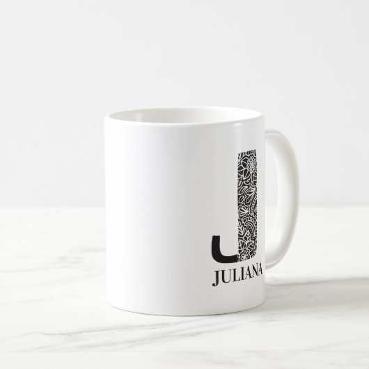 Mug Noir et blanc moderne J initial et nom (Devant droit)
