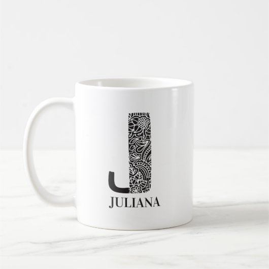Mug Noir et blanc moderne J initial et nom (Gauche)