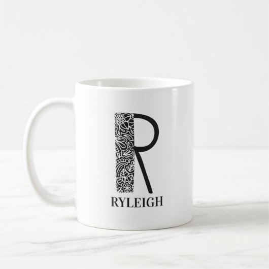 Mug Noir et blanc moderne R et nom initial (Gauche)