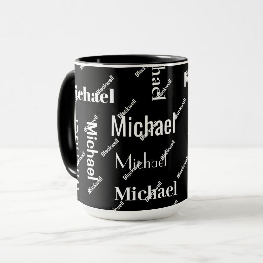 Mug Noir et blanc Répétition Premier & Nom Monogramme (Devant gauche)