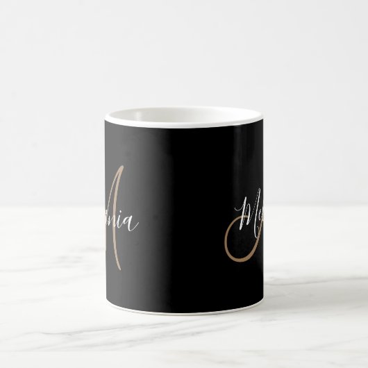 Mug Noir Monogramme Or élégant Nom de script élégant (Centre)