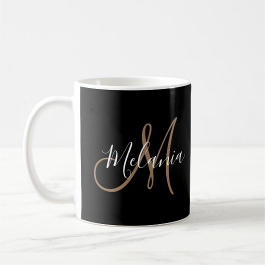 Mug Noir Monogramme Or élégant Nom de script élégant (Gauche)