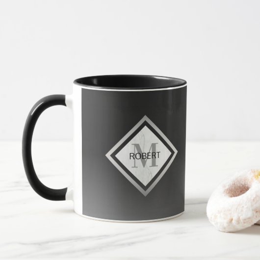Mug Noir Ombre Marbre Argent Monogramme (Avec donut)