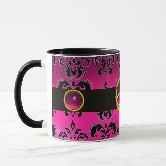 MUG NOIR ROSE FUCHSIA DAMASK MONOGRAMME DE STONE (Gauche)