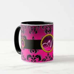 MUG NOIR ROSE FUCHSIA DAMASK MONOGRAMME DE STONE