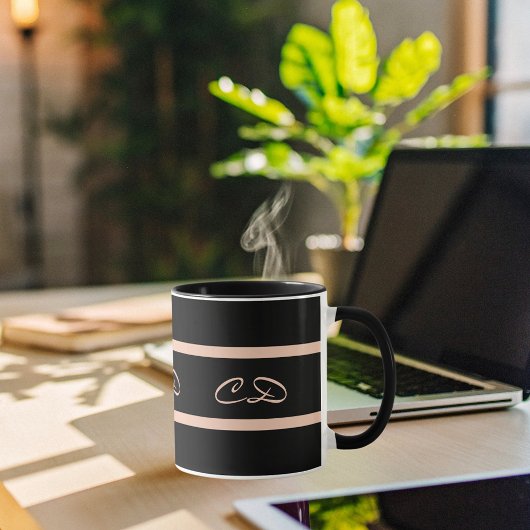 Mug Noir rose or monogramme initiales élégant script