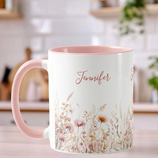 Mug Nom beige rose fleur sauvage