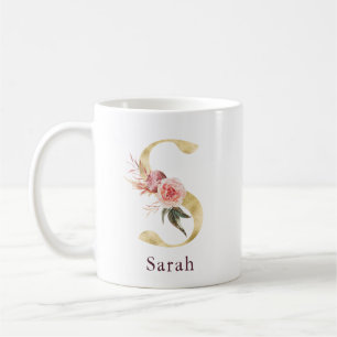 Mug Nom Bourgogne et monogramme floral rose lettre S