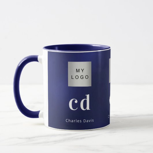 Mug Nom commercial bleu marine monogramme blanc nom (Gauche)