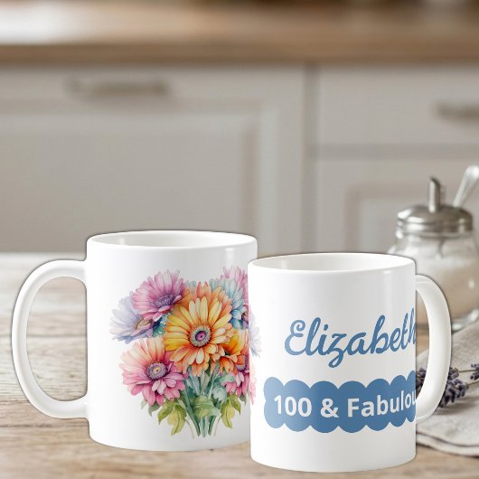 Mug nom d'anniversaire 100 ans fleurs de gerbera bleue