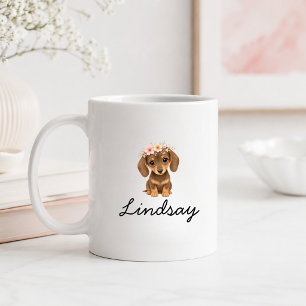 Mug Nom de chiot teckel floral personnalisé
