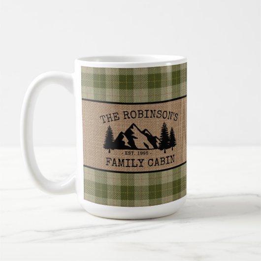 Mug Nom de famille Cabine Arbres Sage Plaid Burlap Lar (Gauche)