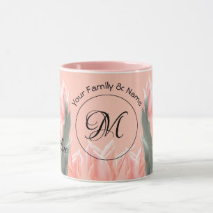 Mug Nom De Famille Élégant Monogramme Peach Tulips P