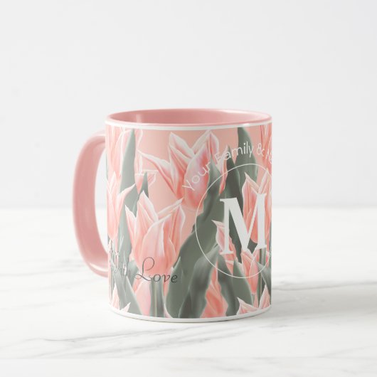 Mug Nom De Famille Élégant Monogramme Peach Tulips Pei (Devant gauche)