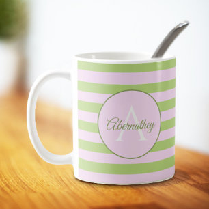 Mug Nom de famille Monogram Pastel Rose Vert rayé