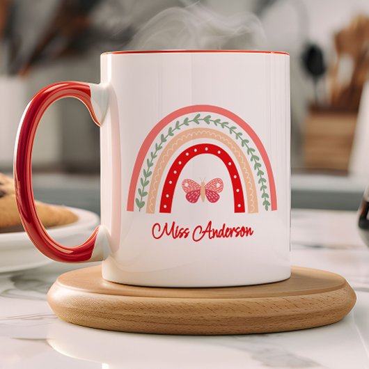 Mug Nom de l'enseignant Arc-en-ciel et Papillon