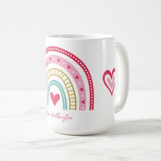 Mug Nom de l'enseignant de Rainbow Heart Monogram (Devant droit)