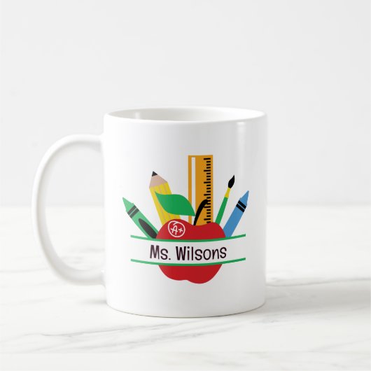 Mug Nom de l'enseignant personnalisé Pomme Classe (Gauche)