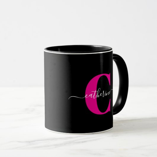 Mug Nom de monogramme de style moderne Black Pink (Devant droit)
