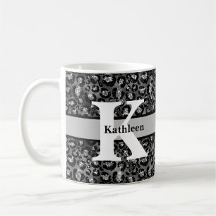 Mug Nom de monogramme imprimé léopard noir gris argent