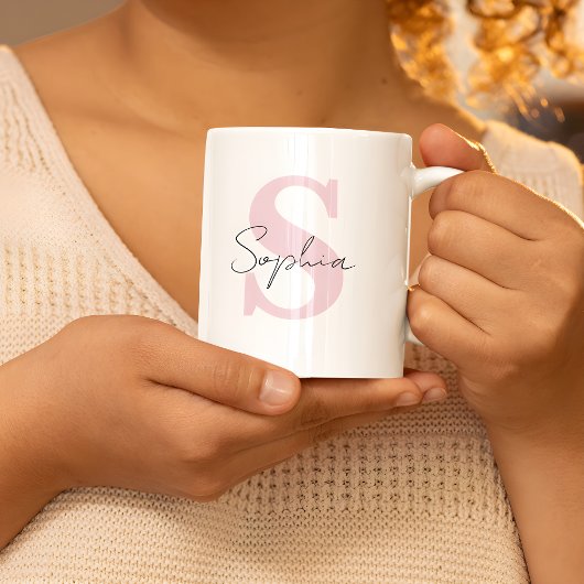 Mug Nom de script avec monogramme rose personnalisé