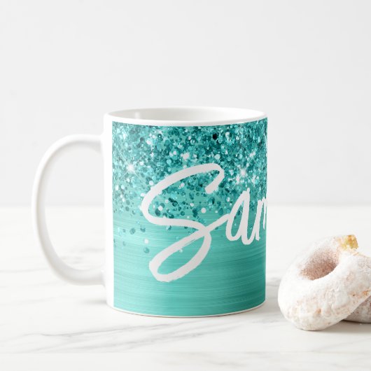 Mug Nom de script de pinceau glamour sarcelle turquois (Avec donut)