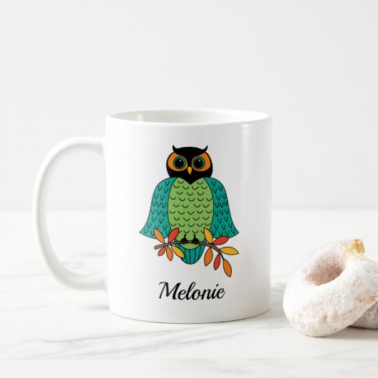 Mug Nom décoré d'un monogramme de hibou turquoise (Avec donut)