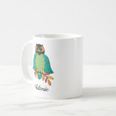 Mug Nom décoré d'un monogramme de hibou turquoise (Devant gauche)
