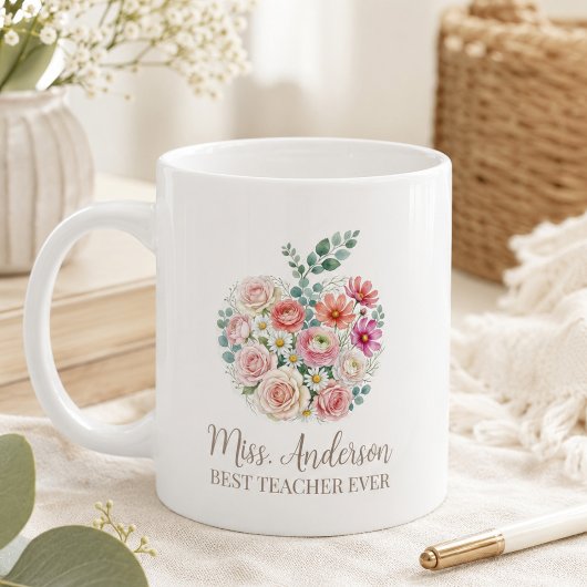 Mug Nom d'enseignant personnalisé Floral Apple
