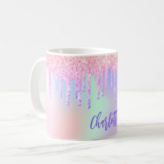 Mug Nom des gouttes violet rose holographique (Devant gauche)